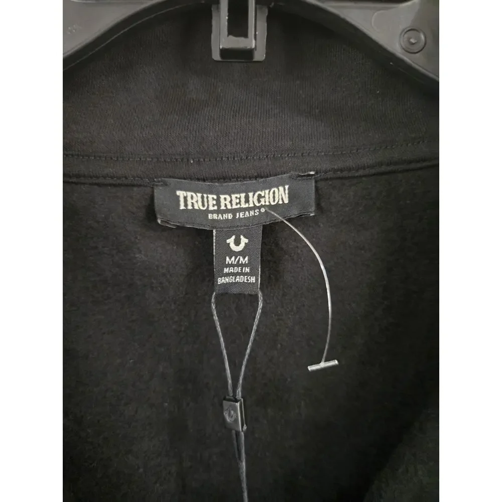 True Religion Sweater Mens Black Relaxed Mock 1/4 Zip Sweatshirt, Medium $129